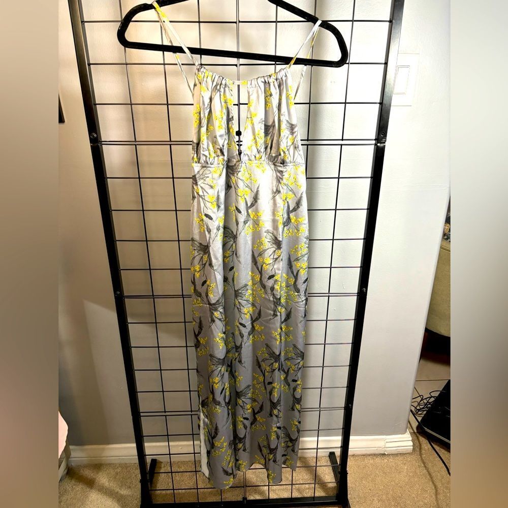 Cupshe grey slip dress with yellow flowers and black watercolor branches NWT